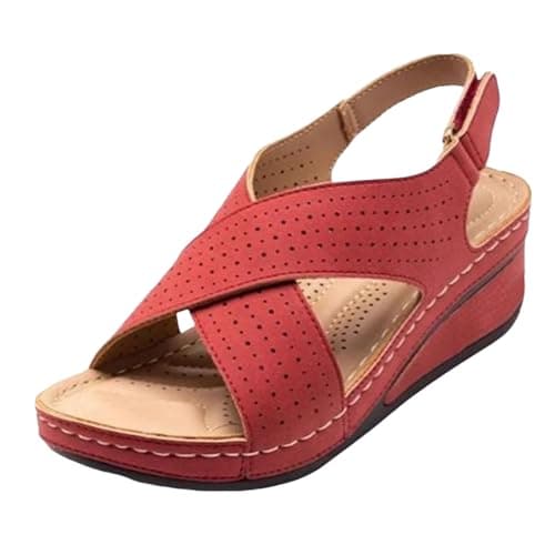Generisch Sandals for Women Plantar Fasciitis Comfortable Wedge Heel Open Toe Ankle Strap Wide Fit Padded Walking Sandals with Arch Support, red, 8 UK