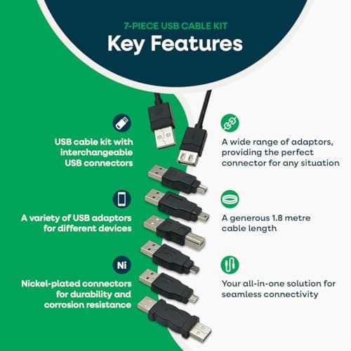Totely USB Cable Kit 7-Piece Multi-Connector Set with 1.8 m Cable and Adapter Tips - USB Adapter Kit for Multi-Device Connectivity, Nickel-Plated Connectors, Compact Travel-Ready Design — view 3