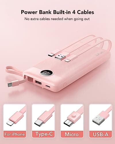 VRURC 10000mAh Power Bank With Built-in 4 Cables, Slim Portable Charger — view 3