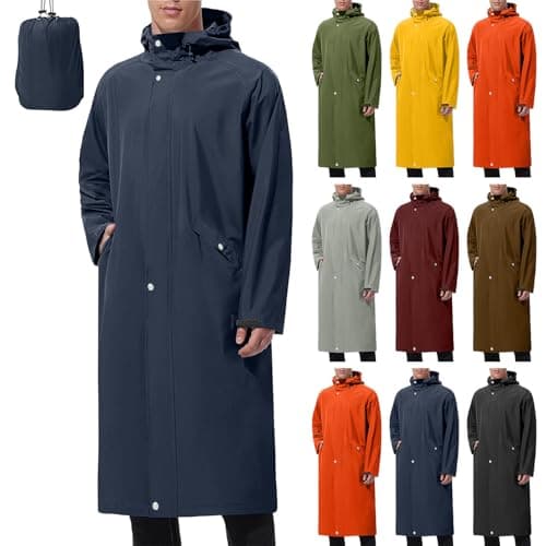 Packable Waterproof Jacket Mens Long Raincoats for Men Pack Away Hooded Rain Jackets Baggy Water Resistant Windbreaker Windproof Showerproof Coat with Hood Fishing Clothes Tall