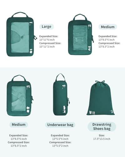 ECOHUB 5 Set Compression Packing Cubes for Suitcases Organiser Bags Travel Accessories with Shoes Bag Tear-resistant Travel Cubes with ID Tag Expandable Packing Bags (Dark Green) — view 3