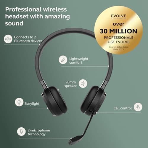 Jabra Evolve 65 TE (3rd Edition 2025) Wireless Bluetooth Stereo Headset with Mic, Connect to Two Devices, 16h Battery, Noise-Cancelling Microphone, USB-A Adapter, MS Teams Certified, Black — view 3