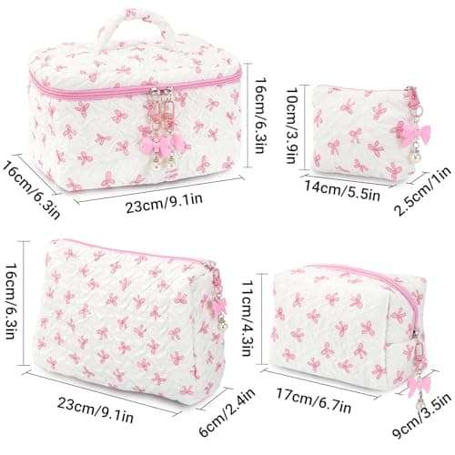 Mulaibdin 4 Pcs Makeup Bag, Coquette Cosmetic Bags for Women & Girls, Cute Skincare Bag for Travel, Portable Bow Make Up Bag Set, Quilted Toiletry Bags Cotton for Birthday Gifts (Pink+White) — view 2