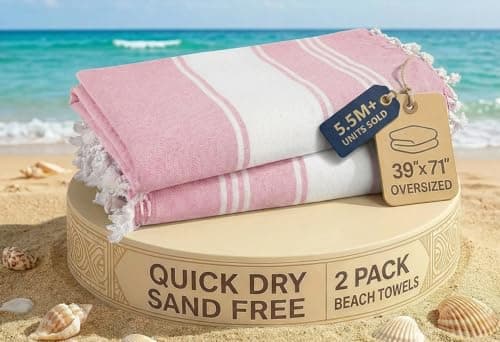 LANE LINEN Turkish Beach Towels, 2 Pack Extra Large Beach Towel, Pre-Washed for Soft Feel, Cotton Rich Oversized Sand Free Quick-Dry Pool Towel, Beach Towels For Adults, 39"x71" - Candy Pink