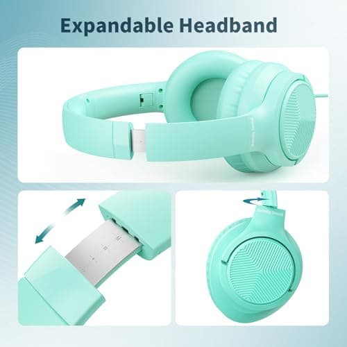 Headphones Wired with Microphone, 3.5mm Corded Headphones for School, Green — view 3