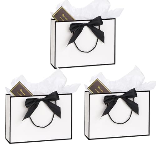 Medium Gift Bags wit Tissue Paper and Gift Cards for Present,3Pcs Paper Bags with Handles for Girls Womens Men Birthday Party Christmas Wedding Thank You,Any Occation (White&Black)