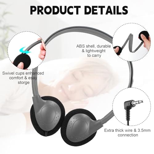 Konohan 10 Pack Headphones Bulk Headphone for School Classroom Student Wired Headphones Adjustable with 3.5 mm Jack for Adults (Grey) — view 2