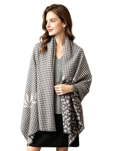 100% Wool Pashmina Blanket Travel Shawls Cashmere Wrap for Women Fall Winter Scarf, Thousand Bird Check + Leopard Graphite Color, 29"x78.7"