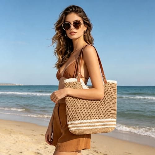 GLITZALL Beach Tote Bag for Women Cotton Rope Woven Shoulder Bag, Large Crochet Summer Handbag with with Faux PU Handles, Lightweight Travel Shopper Bag for Holiday Beach Shopping Everyday — view 2