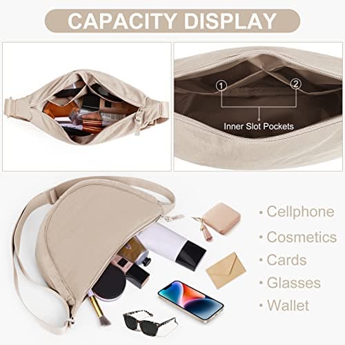 DKIIL NOIYB Crescent Bag for Women Men, Nylon Crescent Bags Hobos Crossbody Bag Portable Crescent Purse with Adjustable Strap Solid Color Chest Bag Shoulder Bag Fanny Packs, A02-beige, 31cm — view 5