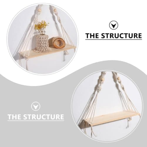 LOORGVEL Macrame Nordic Wood Wall Shelf Cotton Rope Beige Handmade Decor — view 4