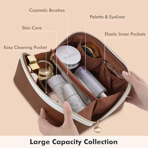 Prite Travel Makeup Bag Flat Lay Cosmetic Case with Brush Pocket, Brown, M — view 2