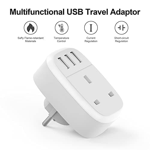UK to European Adapter Plug,2Pack UK to EU Euro Europe Travel Adaptor with 3 USB Port, Grounded Schuko Charger for Germany France Spain Iceland Greece Poland Netherlands Portugal Austria (Type E/F — view 6