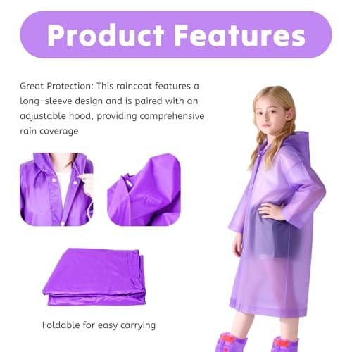 AropaeenGlowry 2pcs Kids Waterproof Rain Poncho with Hood & Sleeves - Reusable EVA Raincoat for Boys Girls, Camping & Travel, Purple — view 5
