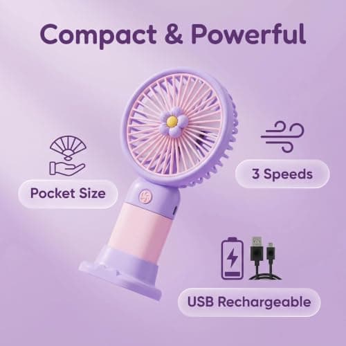 Mtbricey Mini Handheld Fan USB Rechargeable 2-in-1 Portable Hand Fan with Detachable Base 3 Speed Personal Small Fan Pocket Size Desk Fan for Travel Office Outdoor Cute Hand Held Fans (Purple) — view 2