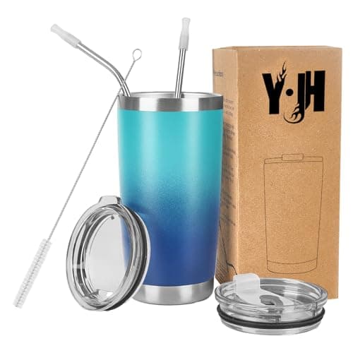 Y·J&H 20oz (550ml) Travel Tumbler Double Wall Vacuum Insulated Coffee Mug Stainless Steel Coffee Cup with 2 Splash Proof Lid, 2 Straws & Free Cleaning Brush, BPA Free - Turquoise&Blue