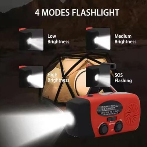 Portable Emergency Radio, Wind Up Solar Hand Crank Powered Weather Radio with AM/FM Tuner 2000mAh USB Phone Charger SOS Alarm LED Flashlight for Household Outdoor Camping Hiking (red) — view 4