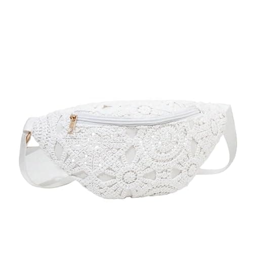 Women's Straw Woven Waist Bag with Hollow Flower Design, Cream Crossbody Waist Pack with Adjustable Strap, Lightweight Travel Commute Everyday Bag, White