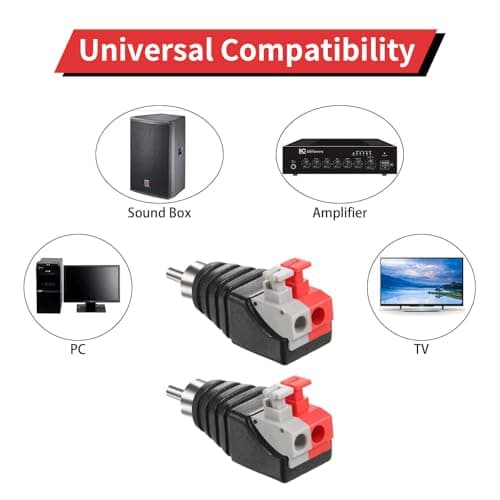 RCA to Speaker Wire Adapter 2 Pack – Audio Male Connector Plug for CCTV Security Systems – Spring Press Terminal Block for Home Theater & Subwoofer Installation – Solderless Audio Video Converter — view 6