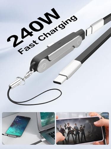 YACSEJAO 4.9FT Detachable 2-in-1 USB C Invisible Stand Charging Cable 240W 90 Degree USB C to USB C Flat Silicone Charger Cable Built-in Phone Stand for Gaming,Office,Car,Travel (Black) — view 6