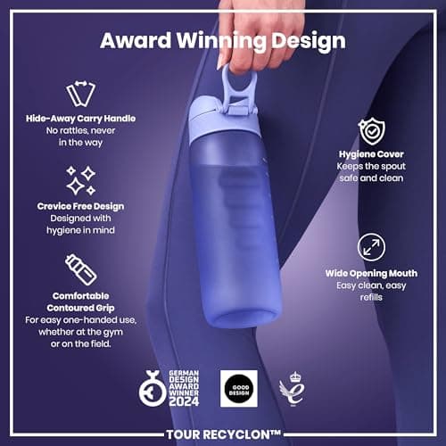 ION8 Sports Water Bottle, 750 ml/24 oz, Leak Proof, Easy to Open, Secure Lock, Dishwasher Safe, BPA Free, Flip Cover, Carry Handle, Soft Touch Contoured Grip, Easy Clean, Odour Free, Light Purple — view 6