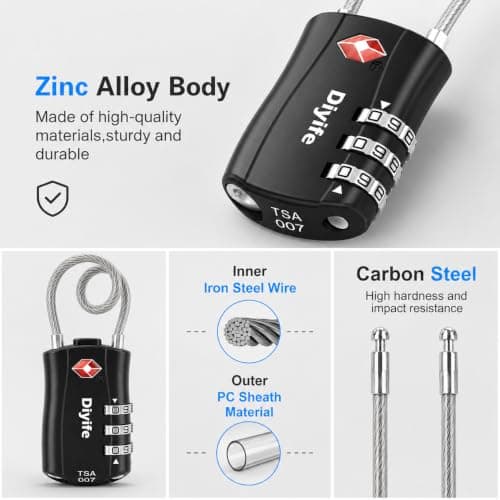 Diyife TSA Approved Luggage Locks with Flexible Steel Cable, Easy to Set up — view 4