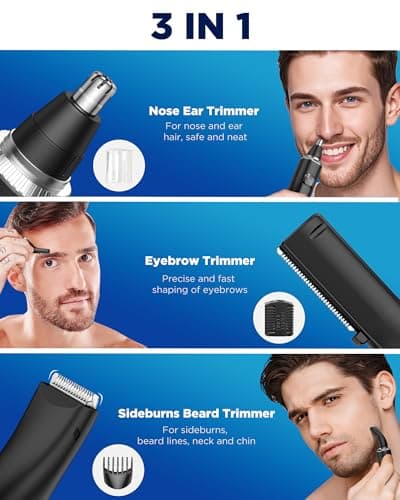 Nose Hair Trimmer for Men,3 in 1 USB Nose Trimmer with LED Display,Painless Dual Edge Blades Nasal Hair Trimmers for Men,Eyebrow Razor Scissors,Ear Facial Hair Remover,IPX7 Waterproof,Easy Cleansing — view 2