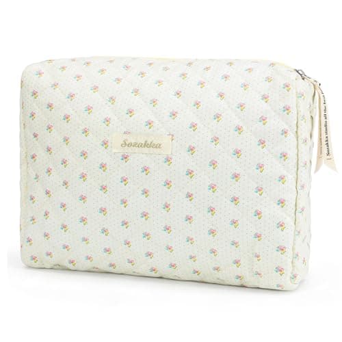 Travel Toiletry Bag, Cotton Floral Travel Makeup Bag, Portable Cosmetic Bag, Traveling Makeup Storage Bag for Women Girls (Flower-Beige)