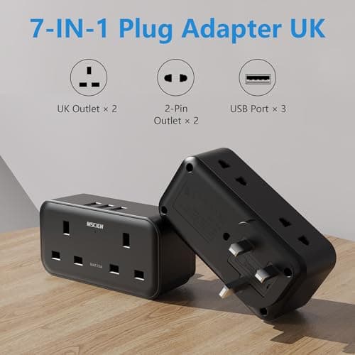 Double Plug Adaptor, Mscien Plug Adapter with 3 USB, 2 Way Plug Extension with Dual 2 Pin Socket at The Bottom, 13A UK Multiplug Extender, Wall Charger Power Socket for Home Kitchen Office, Black — view 2