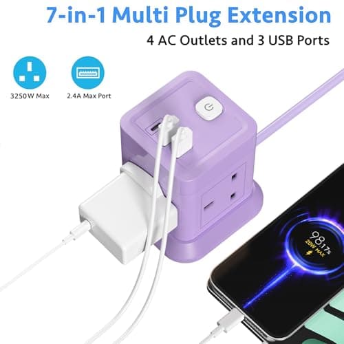 Cube Extension Lead with USB Slots, BEVA 4 Way Multi Plug Power Strip with 3 USB Ports, 3M Desktop Power Extension Socket Extension Cords for Home Dorm Office Travel-Purple — view 2