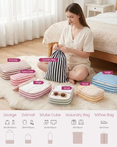 Meowoo 7 Set Compression Packing Cubes for Suitcases, Stripe Design — view 3