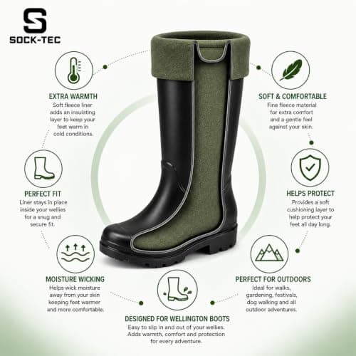Sock Tec Mens Fleece Wellie Socks Adult Welly Wellington Boot Thermal Liners Warm Outdoor Sock One Size 6-11 (Khaki) — view 2