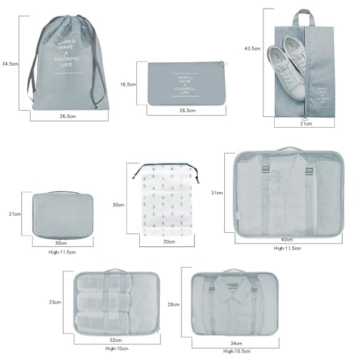 12Pcs Packing Travel Cubes for Suitcase Luggage Organizers with 5 Drawstring Bags,Suitcase Organiser Bag with Waterproof Shoe Storage Bag Compression Pouches Grey — view 3