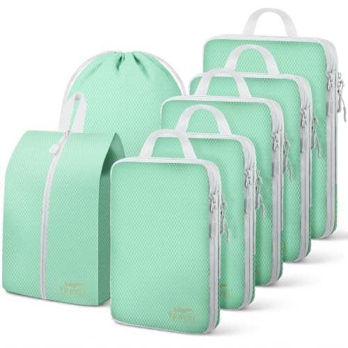 Compression Packing Cubes for Travel, Travel Essentials Luggage Organizer bags for Suitcase, Durable Compression Travel Packing Cubes for Carry on Backpack (Matcha green, 7pcs)