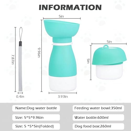 Shiergongli 2-in-1 Foldable Dog Water Bottle & Food Container – 600ml Portable Pet Dispenser with Bowl & Leakproof Valve, BPA-Free Travel Feeder for Puppy, Cat, Small Pets (Green, 600ml+260ml) — view 2