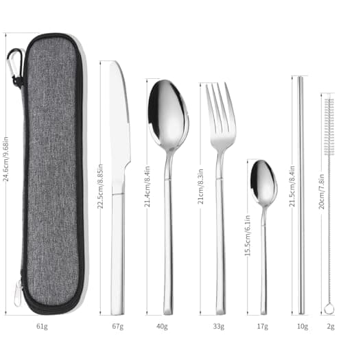AARAINBOW Portable Cutlery Set for 1 Person, Stainless Steel Knife Fork Spoon Straw Set. 6-Piece Flatware Set with Bag, Suitable for Travel Camping Work, Dishwasher Safe, Silver — view 4