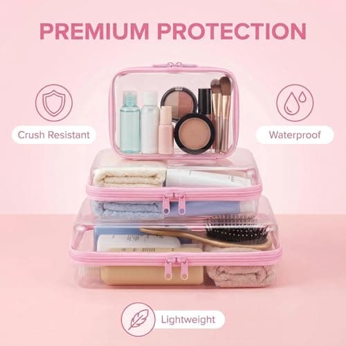 3PCS Clear Hard Shell Zipper Cases Transparent Toiletry Toys Bags Waterproof Cosmetic Toiletry Bag Portable Travel Organizer for Travel Makeup Tools Toy Storage Bin, Puzzles (Pink) — view 3