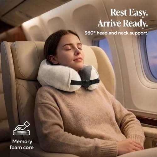 LUGG Memory Foam Travel Pillow – 360° Ergonomic Neck & Head Support, Slow Rebound Cushioning, Breathable Cover, Lightweight U-Shape Pillow for Flights, Trains & Cars, Includes Storage Bag - Stone — view 2