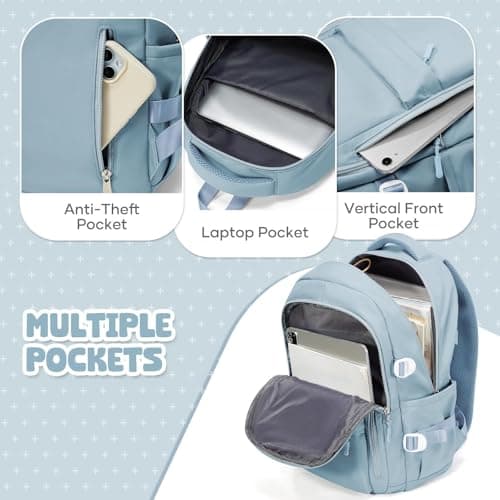 HYC00 School Bag for Teenager Girls Boys Secondary High Middle Bookbag School Backpack Womens Casual Daypack Lightweight 14 Inch Laptop Rucksack Backpack for Travel College Work Back Pack, Light Blue — view 5