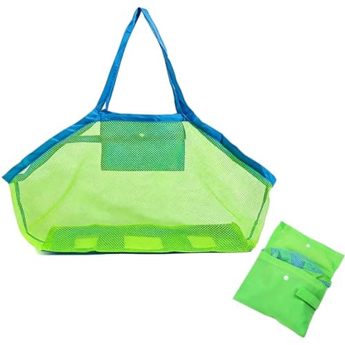 Large Mesh Beach Bag, 30L Foldable Mesh Swimming Bag for Outdoor, Quick-Dry Sandproof Summer Net Beach Bags for Kids Children Large Capacity Storage Bag (16×15 x 12 in) Green