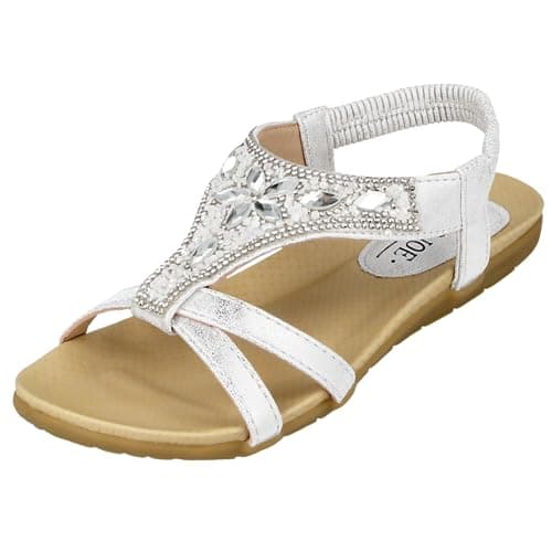 Jo & Joe Ladies Faux Leather Peep Open Toe Sling Back T-Bar Dimante Flat Flip Flop Sandals Size 3-8 (UK 7, Silver)