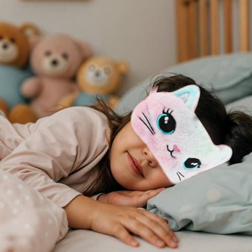 Wanmu 2pcs Sleep Mask Kids Colorful Fuffy Plush Eye Masks for Sleep Kids Soft Sleeping Eye Shade Cute Animal Night Blindfold Eye Cover for Women Men Girls Home Travel Nap Gift (Cat) — view 5