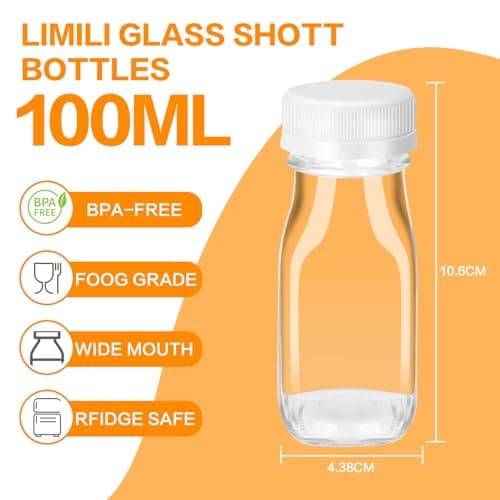 Eidoct Glass Shot Bottles with Lids 8 Pack 100ml - Reusable Clear Small Glass Bottles Complete Gift-Ready Kit (Labels, Funnel & Brush) for Travel, Homemade Beverages, Milk, Juice & Ginger Storage﻿ — view 2