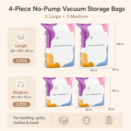 Wonsoso No Pump Vacuum Storage Bags 4 Pack Press & Seal Space Saver Bags — view 2