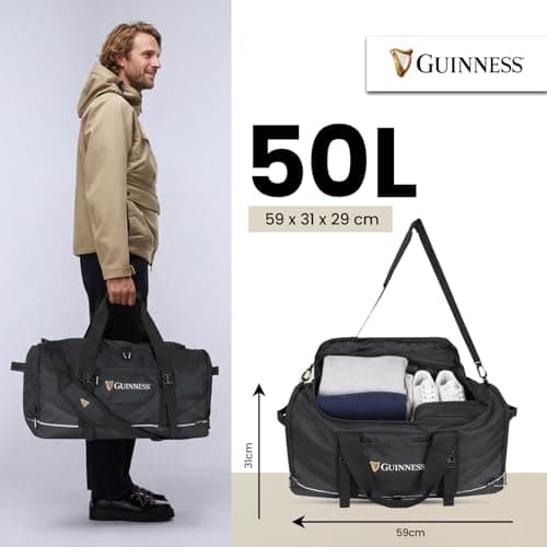 Guinness Official Sports Holdall – Black Duffel Bag with Shoulder Strap, 59x31x29cm, Gym, Travel & Weekend Bag, Spacious Main Compartment, Side Pockets, Branded Zippers — view 3