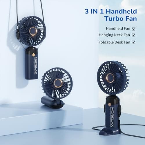 Morelax Hand Held Fan, Portable Handheld USB Rechargeable Mini Fan with 6 Speeds, 90° Foldable Desk Fan with LED Display, 4000mAh 5-in-1 Personal Pocket Fan for Home Office Bedroom Outdoor Travel,Blue — view 4