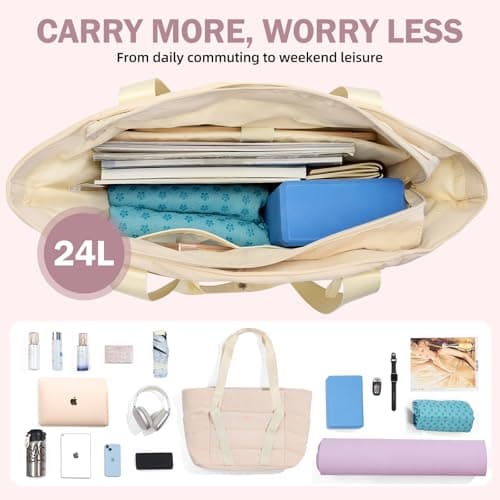 Fexkean Women's Tote Bag with Zipper,Quilted Tote Bag,Sports Gym Bag with Straps for Yoga and Pilates Mats,Large Capacity Sports/Travel Bag(XQ03-Beige) — view 2