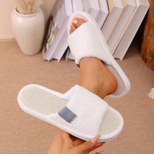 Women’s Open Toe Fluffy Band Mule Slippers, Breathable Linen Insole Memory Foam Slip On Slippers, Warm Quiet Non-Slip Indoor Bedroom House Slipper for Ladies, Ideal Birthday (White, 3.5) — view 3