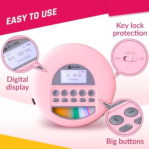 KLIM Nomad - Portable CD Player with Long-Lasting Battery - with Headphones - Radio FM - Compatible MP3 CD Player Portable - TF Card Radio FM Bluetooth - Ideal for Cars - Pink — view 4