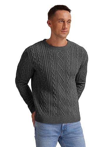 Hisir Men's Cable Knit Jumper, Thick Warm Crew Neck Winter, Dark Grey, XL — view 3